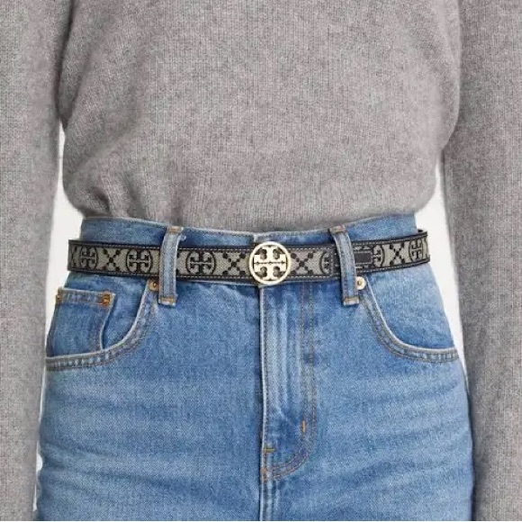 Tory Burch 1” XS Monogram Jacquard Leather Trim Navy/Tan Logo Gold Buckle Belt - Picture 15 of 16